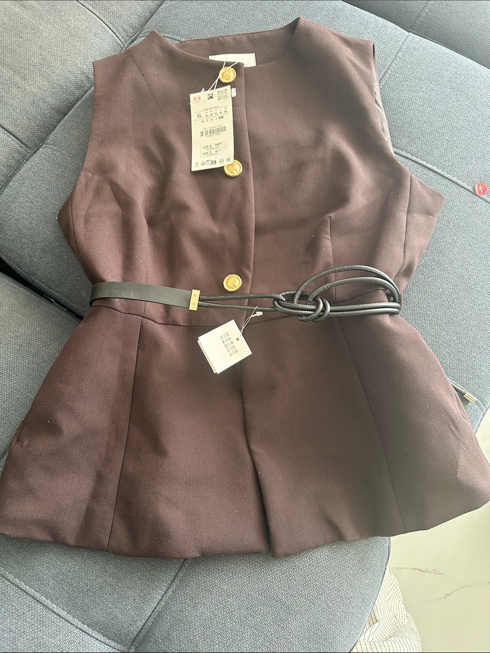 Zara Sleeveless Peplum Top in Dark Brown with Gold Buttons - Picture 3 of 3